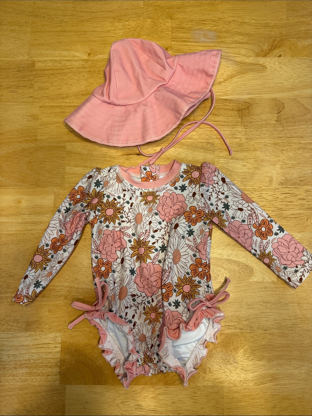 Caden Lane Baby Long Sleeve Floral Swimsuit with Pink Sun Hat